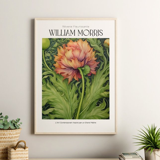 William Morris Vintage Pink Wildflower Poster (William Morris Vintage Pink Wildflower Poster in a neutral boho room in light beige wooden frame.)