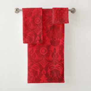 William Morris Vintage Red Stamped Velvet Pattern Bath Towel Set