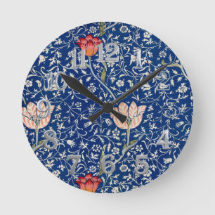 William Morris Vintage Tulip Floral Indigo Pattern Round Clock