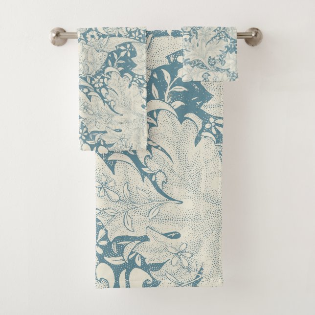William Morris Wallflower floral blue damask  Bath Towel Set (Insitu)