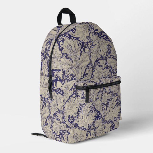 William Morris Wallflower floral blue damask  Printed Backpack (Back Corner Left)