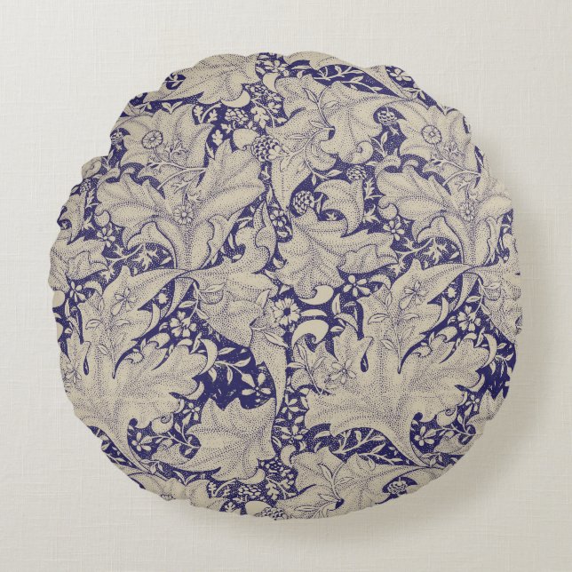 William Morris Wallflower floral blue damask  Round Cushion (Front)