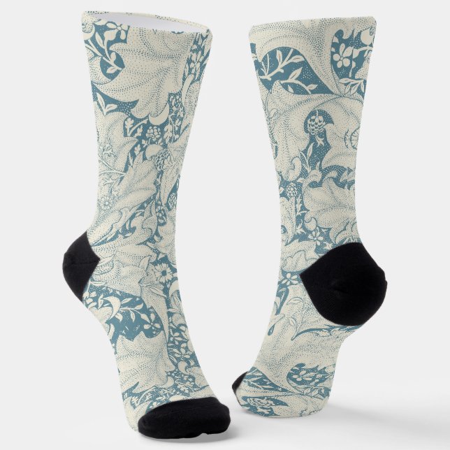 William Morris Wallflower floral blue damask  Socks (Angled)