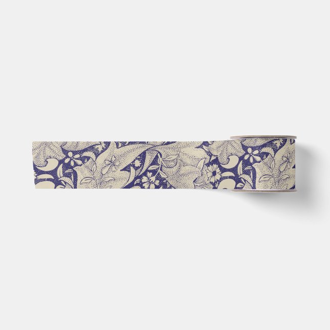 William Morris Wallflower Pattern Antique Blue Satin Ribbon (Front)