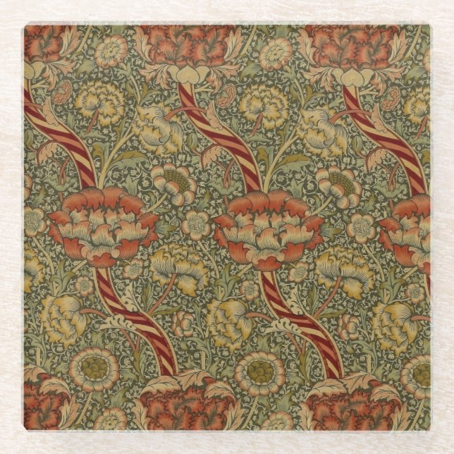 William Morris Wandle English Floral Damask Design Glass Coaster (Front)