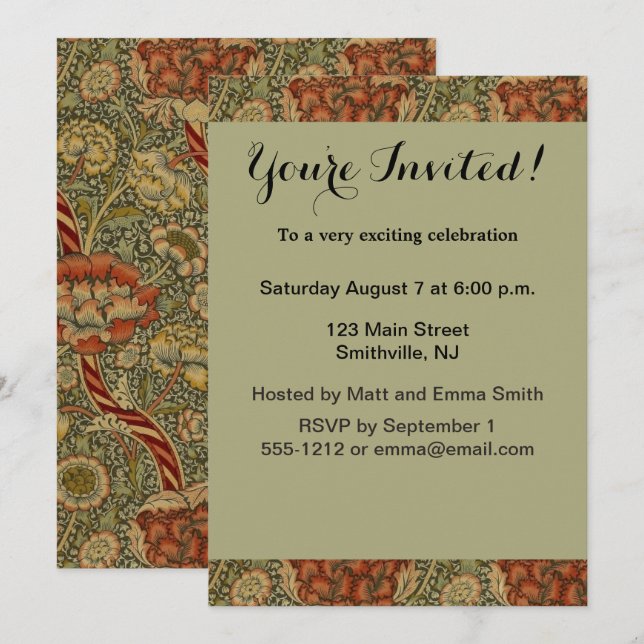 William Morris Wandle English Floral Damask Design Invitation (Front/Back)