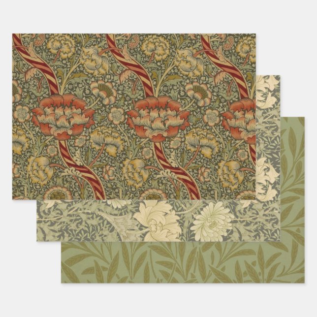 William Morris Wandle English Floral Damask Design Wrapping Paper Sheet (Set)