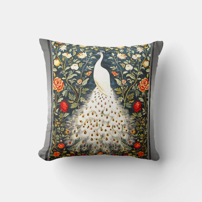 William Morris White Peacock Art Deco Silver Print Cushion (Front)