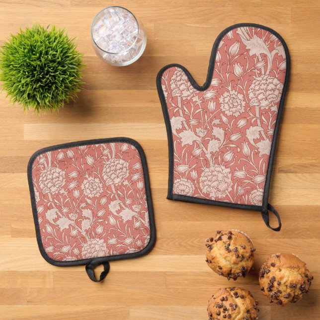 William Morris Wild Tulip Classic Victorian Design Oven Mitt & Pot Holder Set (Top Down)