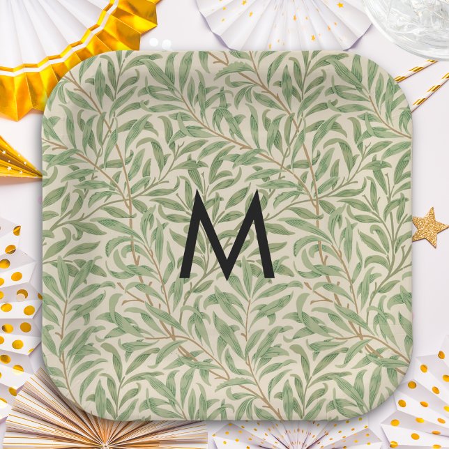 William Morris Willow Bough Retro Pattern Monogram Paper Plate (A monogrammed paper plate, with William Morris 'Willow Bough' botanical design of leaves and stems)