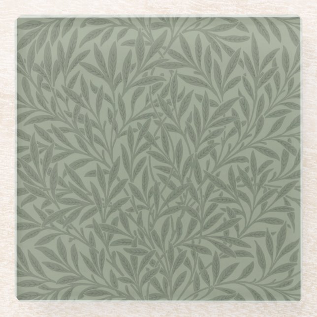William Morris Willow Pattern Antique Sage Green Glass Coaster (Front)