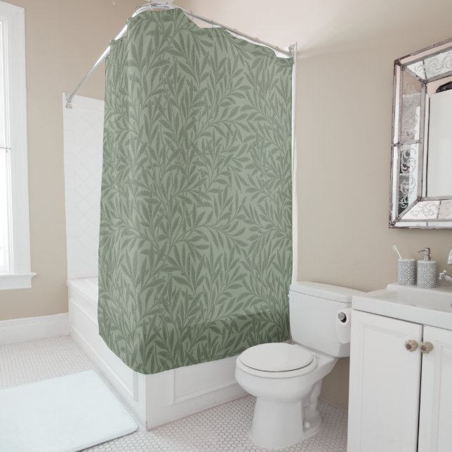 William Morris Willow Pattern Antique Sage Green Shower Curtain (In Situ)