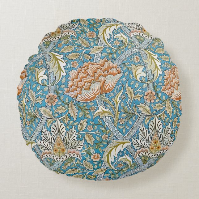 William Morris Windrush Floral Pattern Blue Round Cushion (Front)