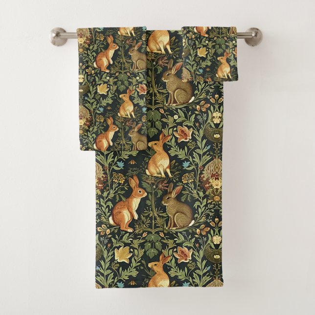 William Morris Woodland Floral Rabbits Christmas Bath Towel Set (Insitu)