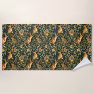 William Morris Woodland Floral Rabbits Christmas Beach Towel