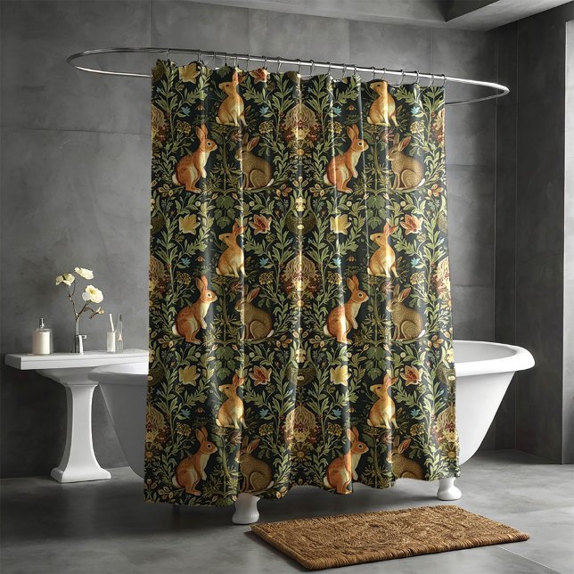 William Morris Woodland Floral Rabbits Christmas Shower Curtain (Creator Uploaded)
