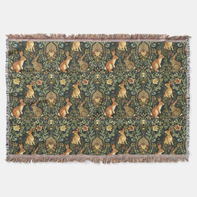 William Morris Woodland Floral Rabbits Christmas Throw Blanket (Front)