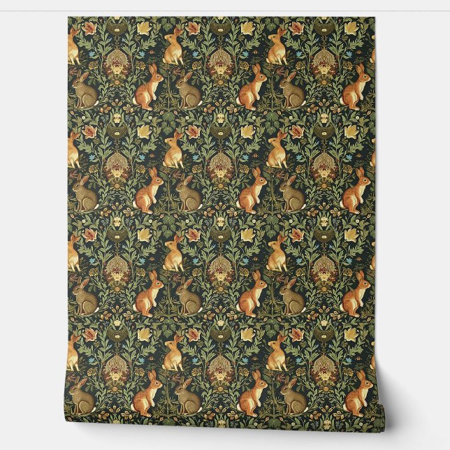 William Morris Woodland Floral Rabbits Christmas Wallpaper (Unrolling)