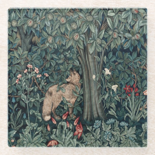 William Morris Woodland Tapestry Fox Glass Coaster (Front)
