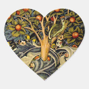 William Morris Woodpecker Tapestry Arts & Crafts Heart Sticker