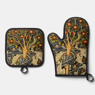 William Morris Woodpecker Tapestry Arts & Crafts  Oven Mitt & Pot Holder Set
