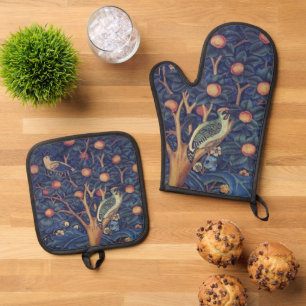 William Morris Woodpecker Tapestry Arts & Crafts  Oven Mitt & Pot Holder Set