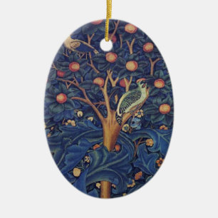 William Morris Woodpecker Tapestry Blue Design Ceramic Tree Decoration