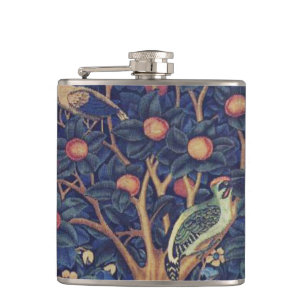 William Morris Woodpecker Tapestry Blue Design Hip Flask