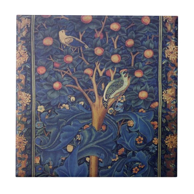 William Morris Woodpecker Tapestry Blue Design Tile (Front)