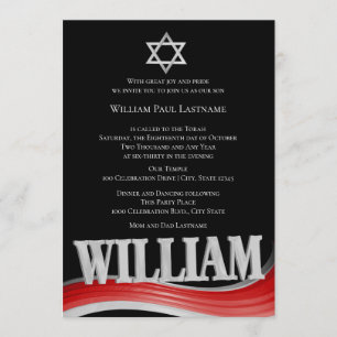 William Steel Wave Red Bar Mitzvah Invitation