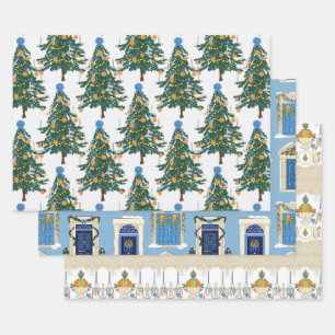 Williamsburg Christmas Blue and Orange Wrapping Paper Sheet