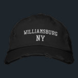 WILLIAMSBURG NY on Black Vintage Style Embroidered Hat<br><div class="desc">WILLIAMSBURG NY embroidery on Black distressed vintage style cotton hat. Embroidery is customisable to other colour choices by selecting the "Edit Design" tool button. Also available is the option to select choice of hat colour on the main item page.</div>