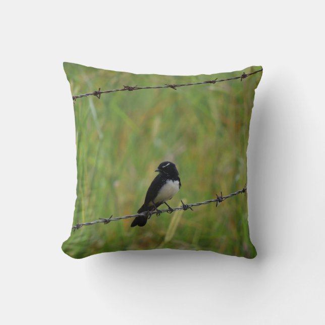 WILLIE WAGTAIL ON BARB WIRE FENCE AUSTRALIA CUSHION (Front)