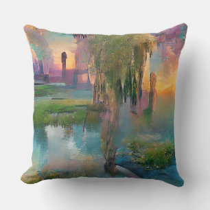  Willow and wisteria by the pond at sunset Cushion