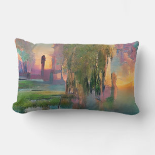 Willow and wisteria by the pond at sunset Lumbar Cushion