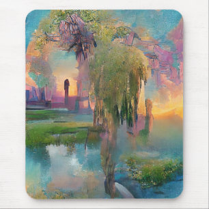 Willow and wisteria by the pond at sunset Mouse Mat