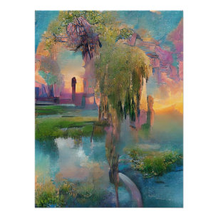  Willow and wisteria by the pond at sunset  Poster