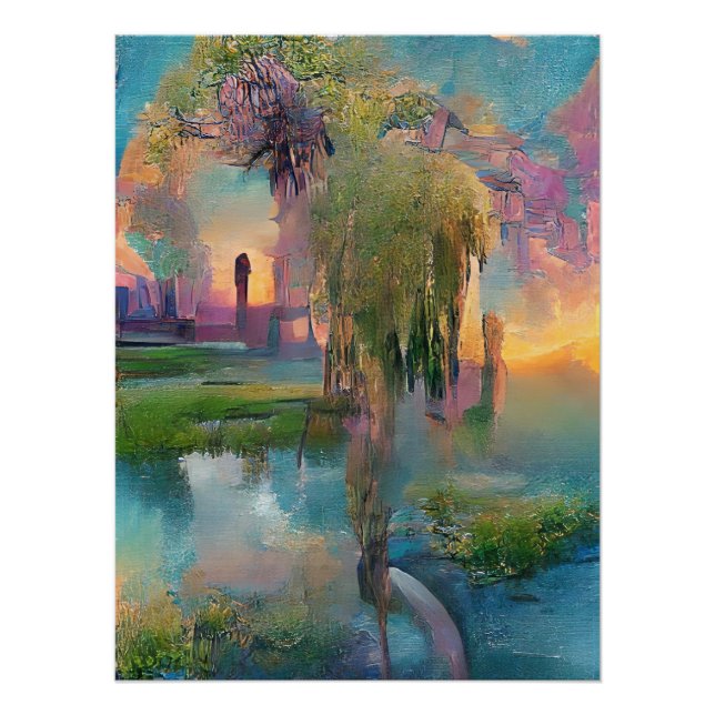  Willow and wisteria by the pond at sunset  Poster (Front)