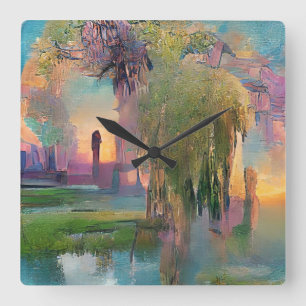 Willow and wisteria by the pond at sunset Square Wall Clock