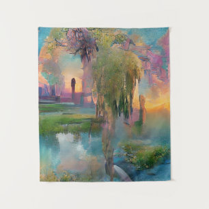  Willow and wisteria by the pond at sunset   Tapestry