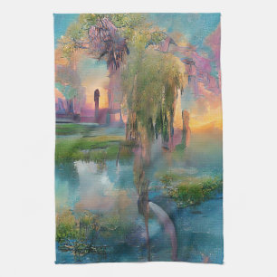  Willow and wisteria by the pond at sunset  Tea Towel