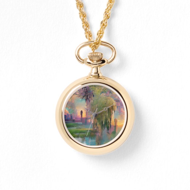  Willow and wisteria by the pond at sunset  Watch (Front)