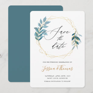 Willow leaves and gold frame save the date card