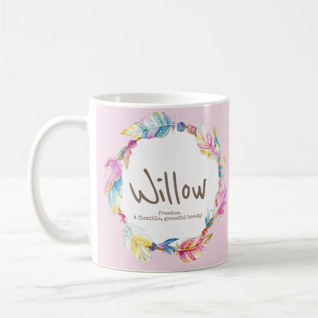 Willow name meaning feather bead watercolor pink coffee mug (Left)