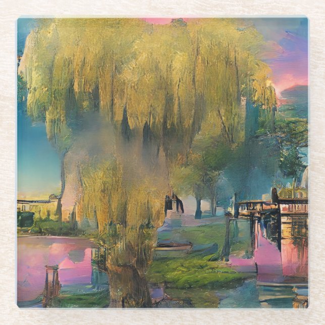 Willow tree at sunset by the pond   glass coaster (Front)