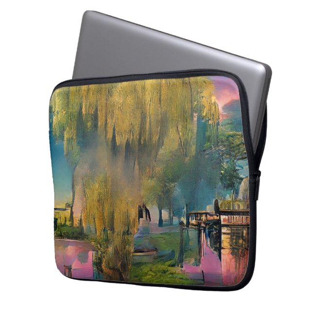 Willow tree at sunset by the pond   laptop sleeve (Front Left)
