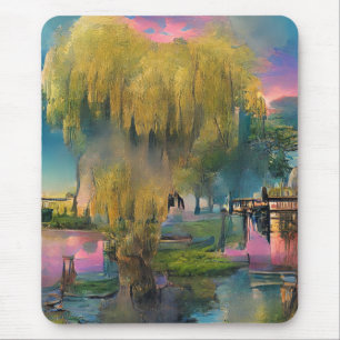 Willow tree at sunset by the pond mouse mat