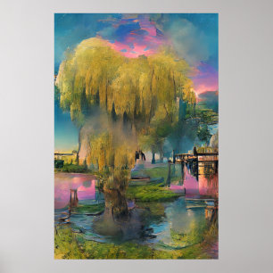 Willow tree at sunset by the pond  poster