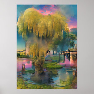 Willow tree at sunset by the pond    poster