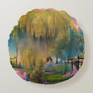 Willow tree at sunset by the pond round cushion